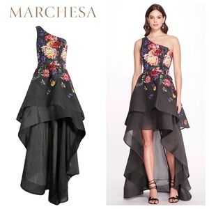MARCHESA NOTTE One Shoulder Floral Gown
